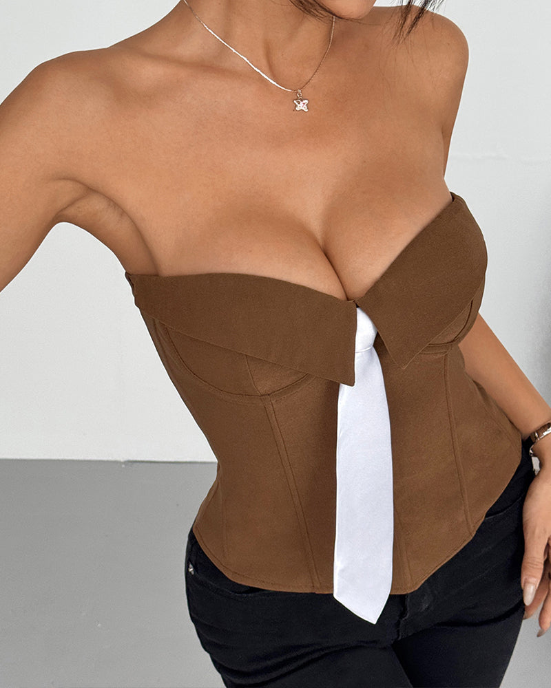 Brown strapless tie corset top with white satin necktie and curved underbust panels