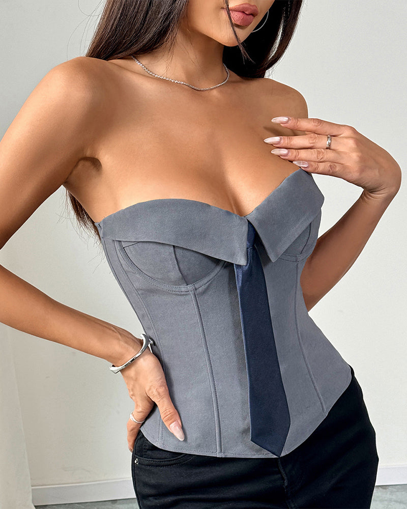 Grey strapless tie corset top with dark satin necktie and contoured seams