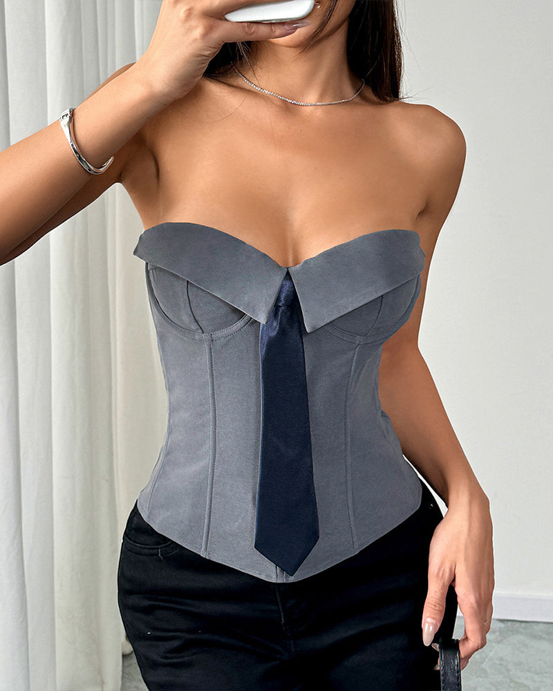 Slate blue strapless steel-boned corset top with large bow tie front.