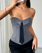 Slate blue strapless steel-boned corset top with large bow tie front.