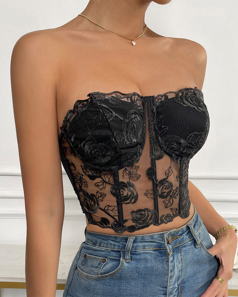 Black strapless mesh corset with floral embroidery, boned cups, sheer panel
