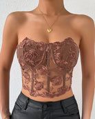 Brown strapless mesh corset with floral embroidery, boned cups and sheer panel