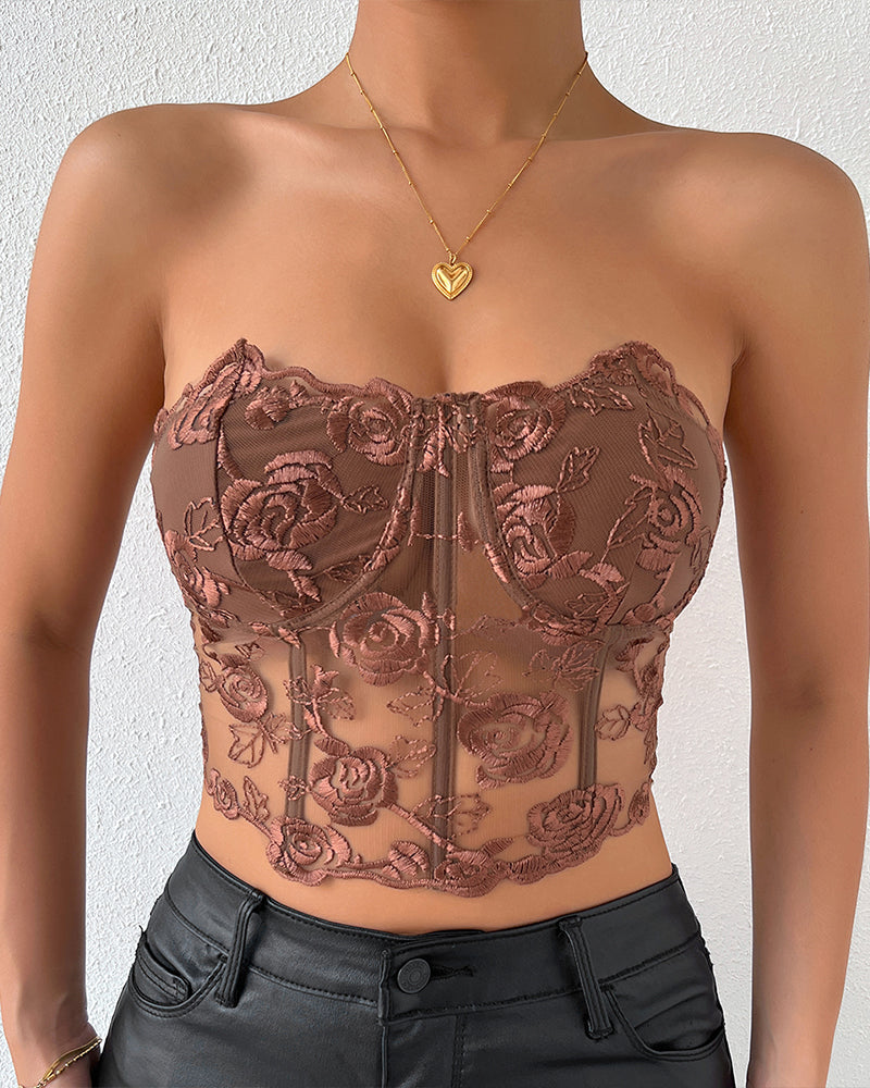 Brown strapless mesh corset with floral embroidery, boned cups and sheer panel