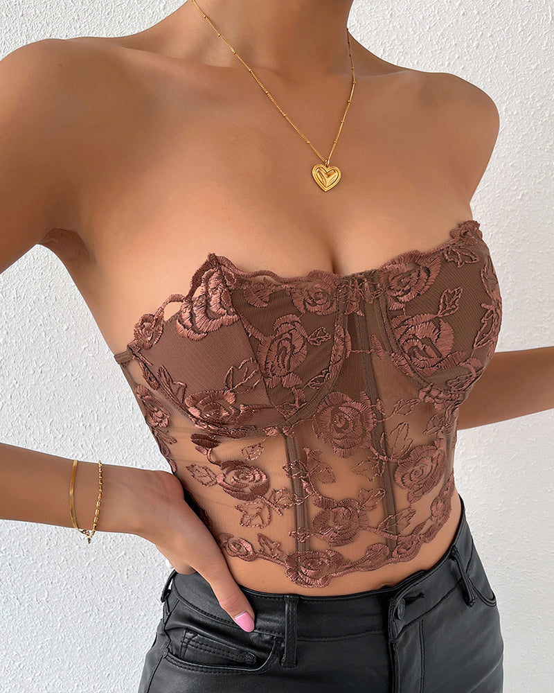 Brown strapless mesh corset with floral embroidery, boned cups, side angle