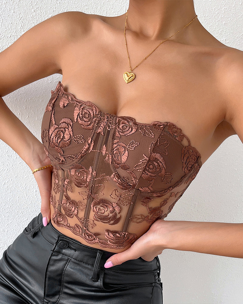 Floral strapless tube top boned mesh bustier in dark brown with embroidered roses