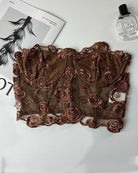 Dark brown floral mesh bustier tube top with boned structure and scalloped lace trim