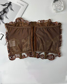 Dark brown strapless mesh bustier with center back zipper and embroidered floral pattern