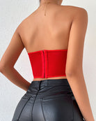 Red strapless boned mesh bustier with center front seam and smooth mesh panel