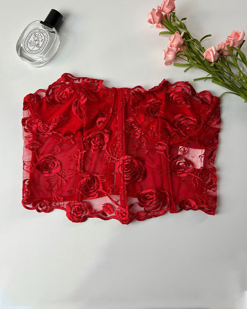 Red floral mesh bustier tube top with boned seams and scalloped lace hem