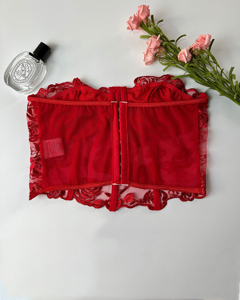 Red strapless mesh bustier with center back zipper and embroidered floral lace trim