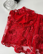 Floral strapless boned mesh bustier in red with embroidered rose appliques
