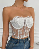 White floral boned mesh bustier with rose appliques and central front seam
