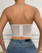 White strapless boned mesh bustier back view with hook-and-eye closure