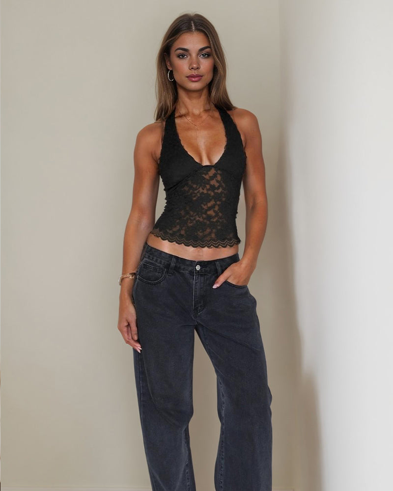Black halter lace mesh tank top with lace overlay and scalloped hem, front view