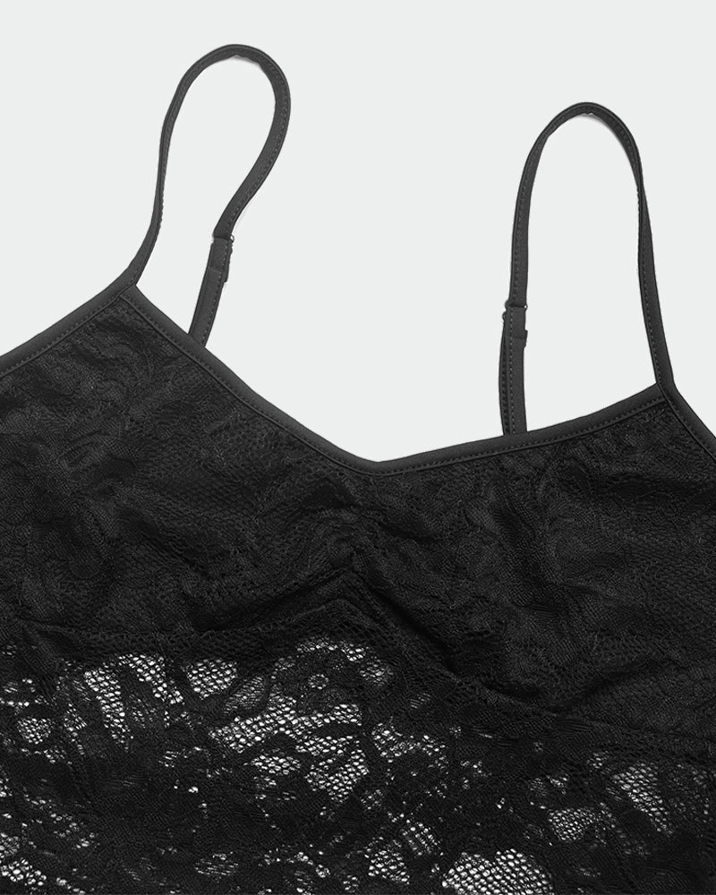 Black lace camisole bodice closeup with floral pattern and scalloped edge