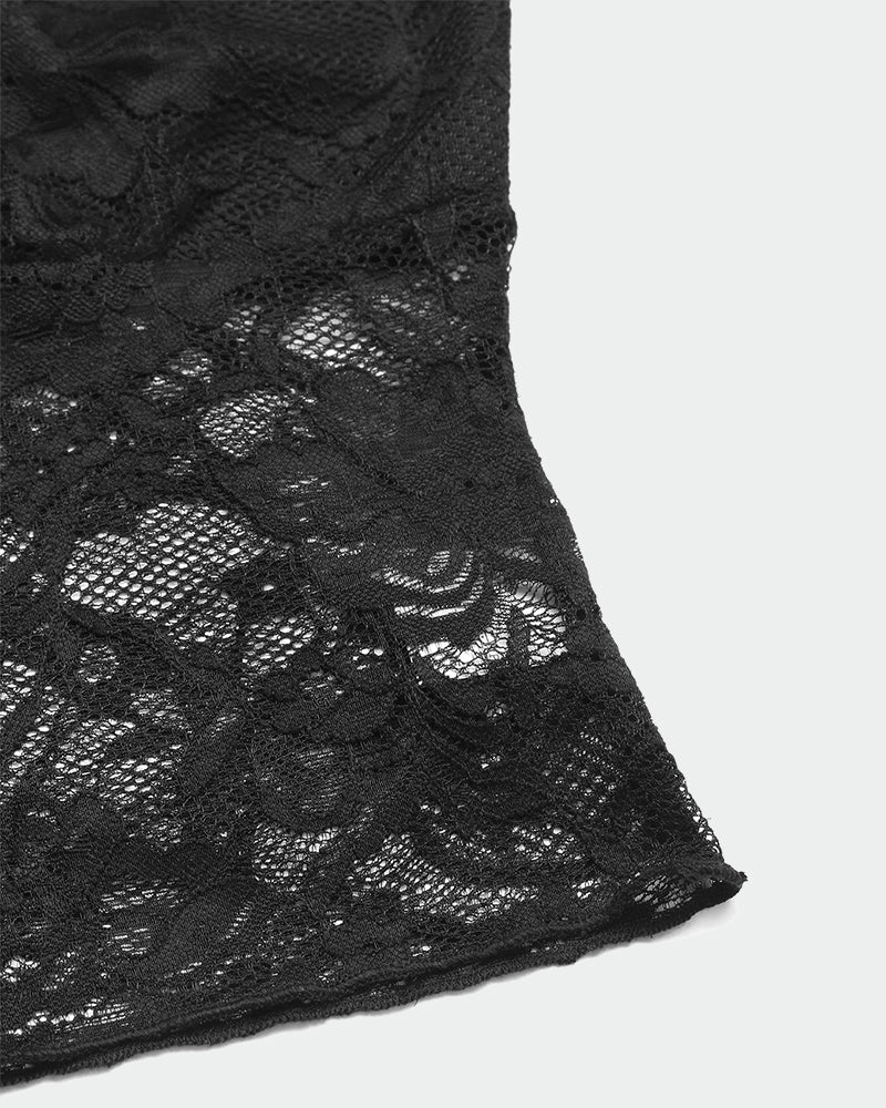 Black lace crop camisole hem with floral lace texture and scalloped trim