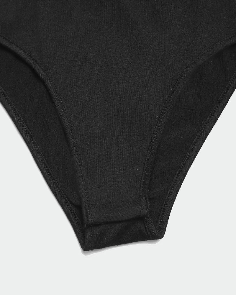 Black bodysuit briefs with smooth fabric and stitched leg openings
