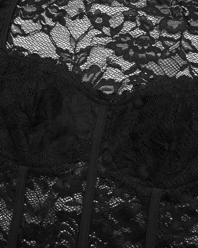 Black lace sheer bodysuit with floral lace overlay and vertical corset seams