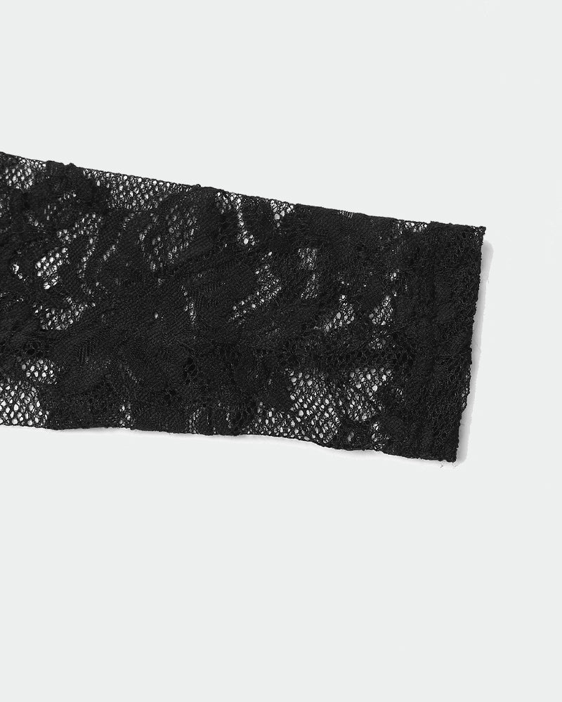 Black lace sheer bodysuit sleeve with textured lace pattern