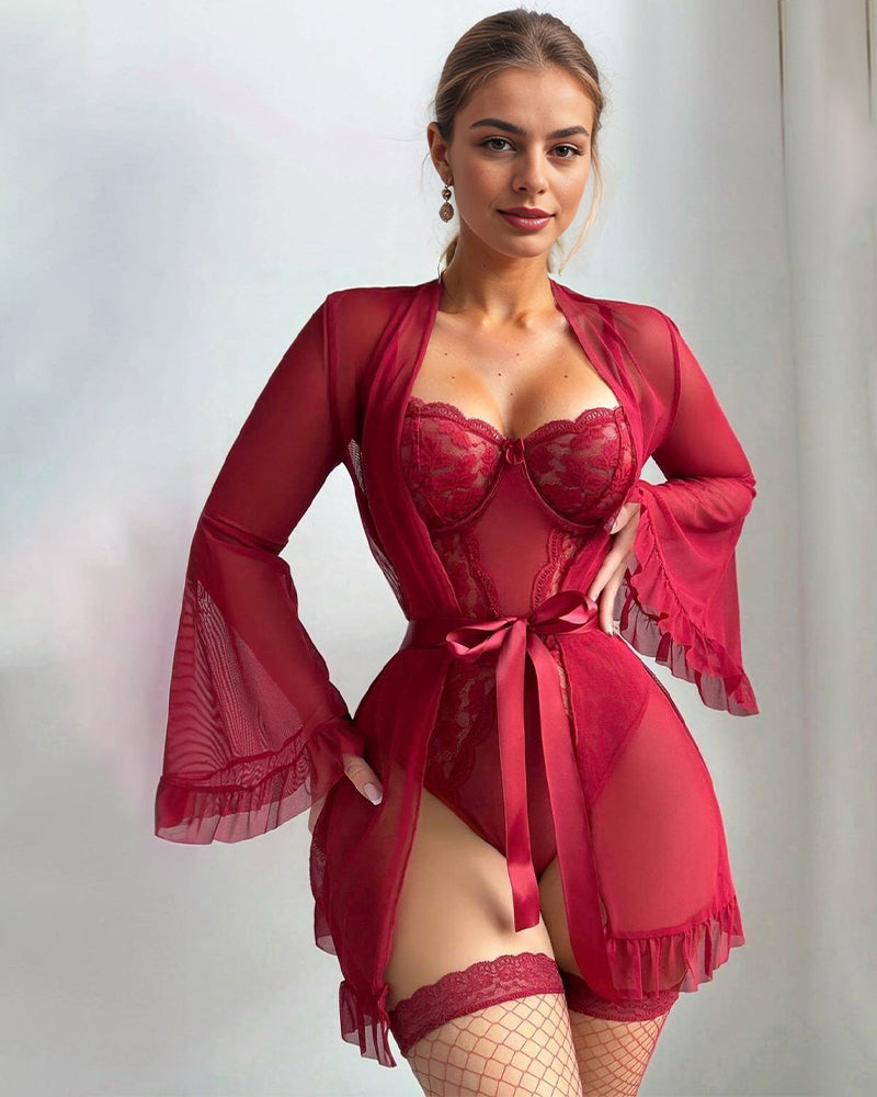 Wine red lace lingerie set with sheer kimono robe and teddy bodysuit
