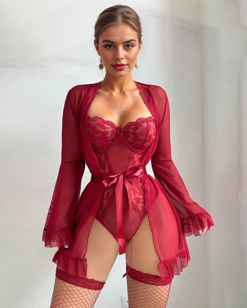 Wine red lace teddy bodysuit with sheer kimono robe and ruffled sleeves