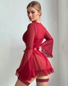 Wine red lace teddy bodysuit with tie-front sheer kimono robe and garter