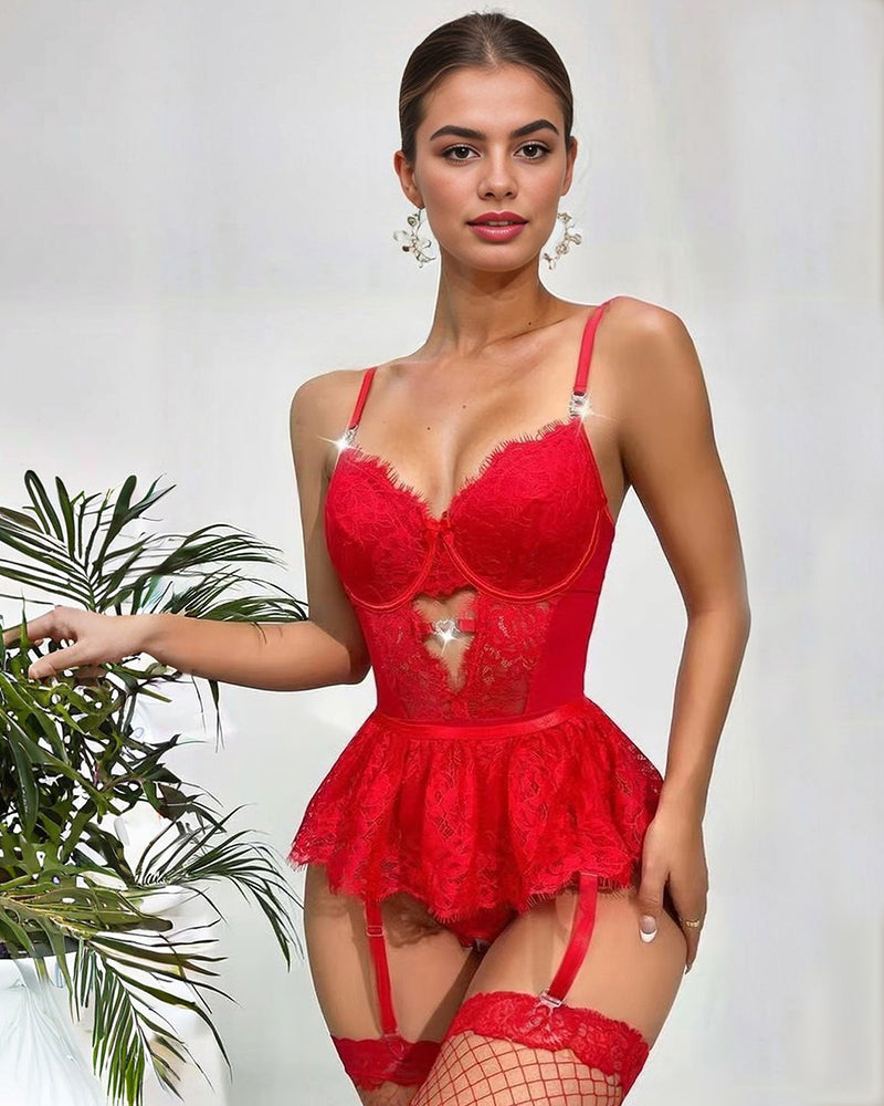 Red lace hollow-out bodysuit mini skirt with underwire cups and garter straps