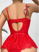 Red lace mini skirt bodysuit with open-back cutout and adjustable garter straps
