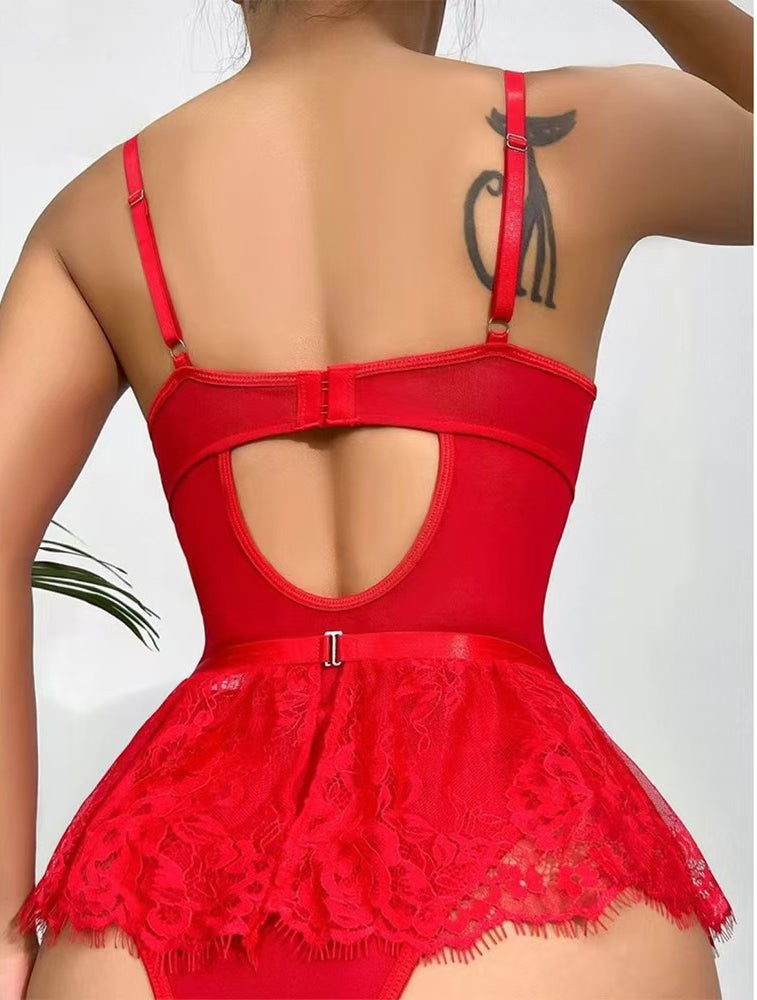 Red lace mini skirt bodysuit with open-back cutout and adjustable garter straps