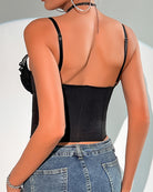 Black corset bustier with sweetheart neckline and thin straps, back view