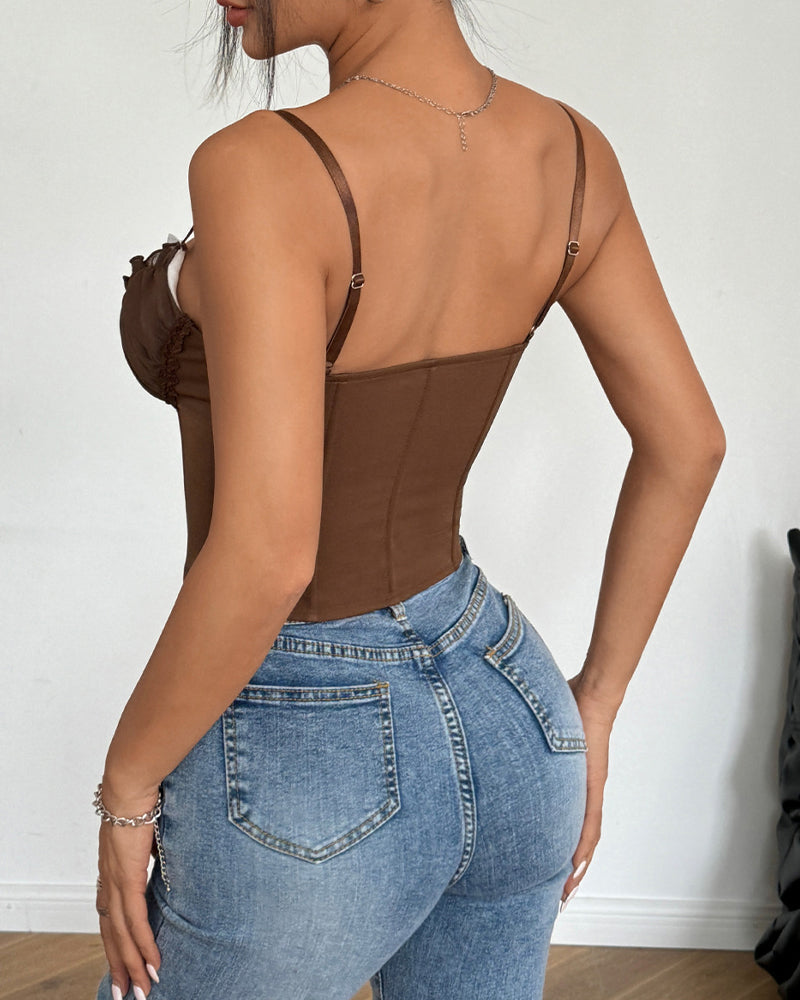 Brown corset bustier with thin straps and back view, ruffled lace bust