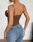 Brown corset bustier with thin straps and back view, ruffled lace bust