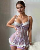 Light purple sheer lace dress set with white trim, lace boning lines, and garter straps
