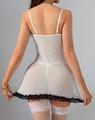 Back view white sheer lace dress set with black lace trim hem and garter tops