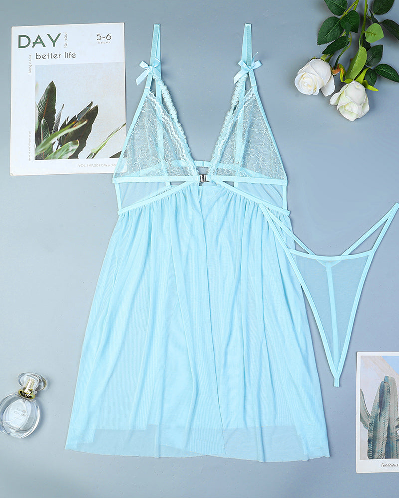 Light blue lace babydoll nightdress on hanger, bowknot spaghetti straps, sheer skirt