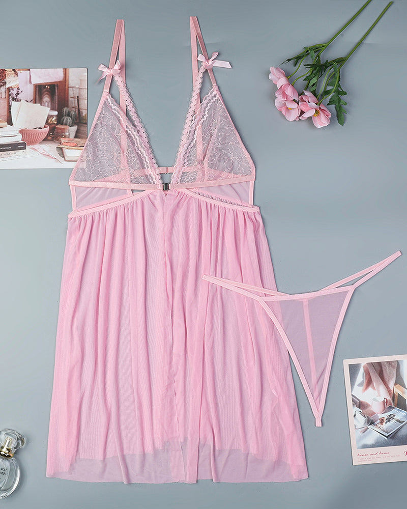 Pink lace babydoll nightdress on hanger, bowknot straps, sheer skirt with matching thong