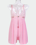 Pink lace babydoll nightdress on mannequin, bowknot straps, sheer skirt, V neckline