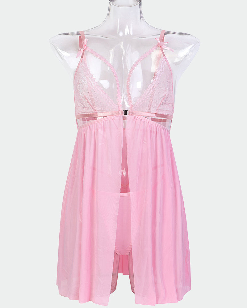 Pink lace babydoll nightdress on mannequin, bowknot straps, sheer skirt, V neckline