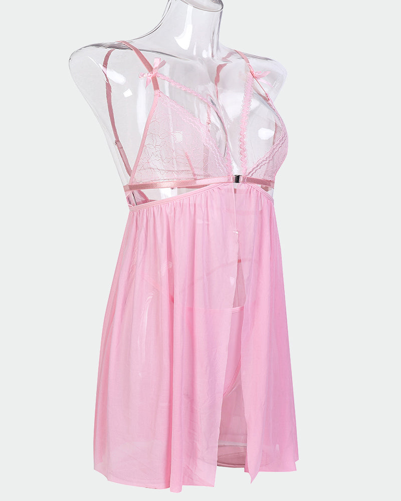 Pink lace babydoll nightdress mannequin side view, bowknot straps, sheer skirt