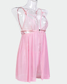 Pink lace babydoll nightdress mannequin side view, bowknot straps, sheer skirt