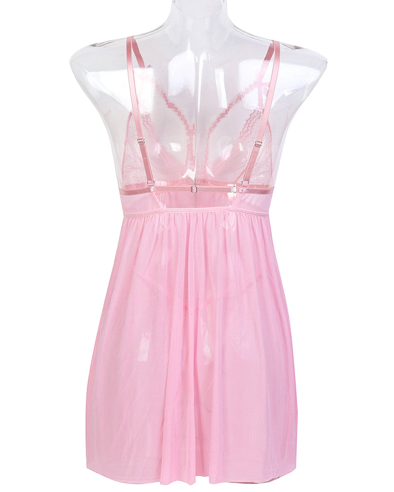 Pink lace babydoll nightdress mannequin front view, bowknot straps, sheer skirt