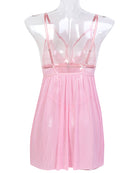 Pink lace babydoll nightdress mannequin front view, bowknot straps, sheer skirt