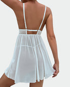 White and light blue sheer lace backless nightdress with bowknot strap details