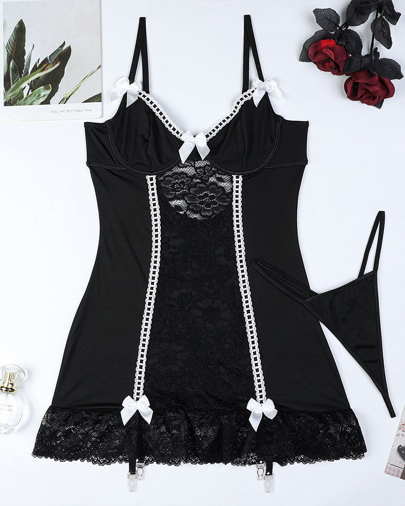 Black lace corset lingerie slip dress set with bow trim, garter clips, and thong
