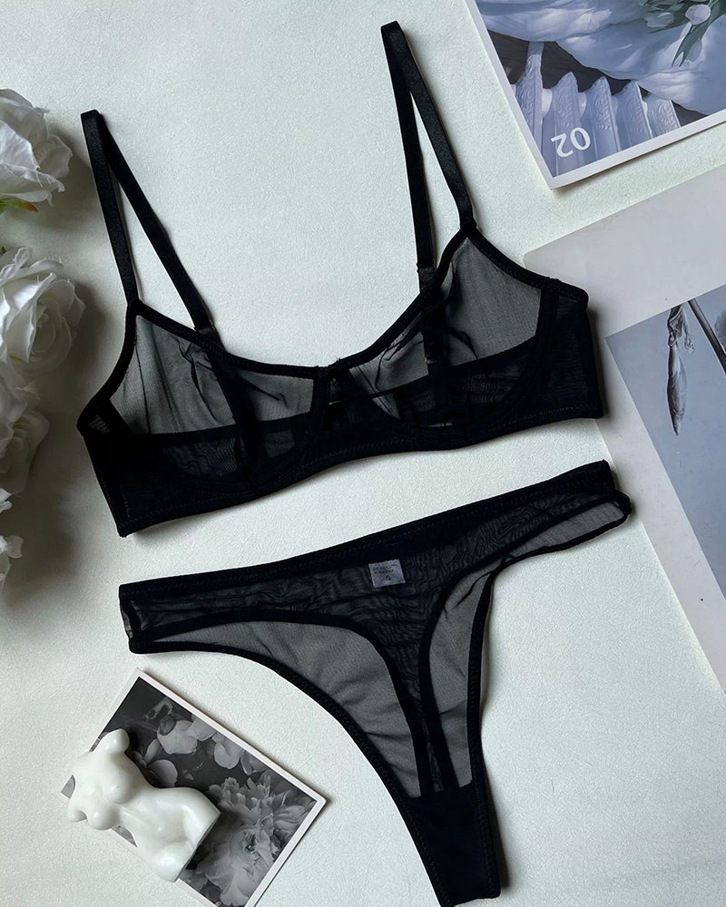 Black sheer mesh push-up bra and thong lingerie set