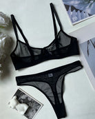 Black sheer mesh push-up bra and thong lingerie set