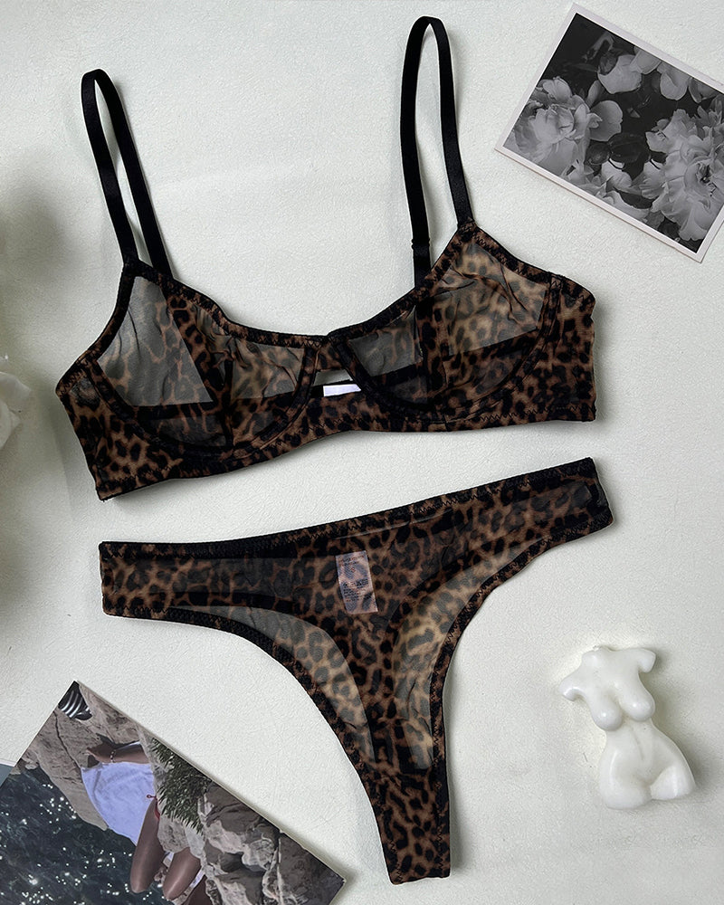 Leopard print mesh push-up bra and thong lingerie set with black trim