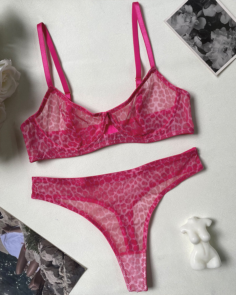 Pink leopard mesh balconette push-up bra and sheer thong lingerie set