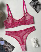Pink leopard mesh balconette push-up bra and sheer thong lingerie set