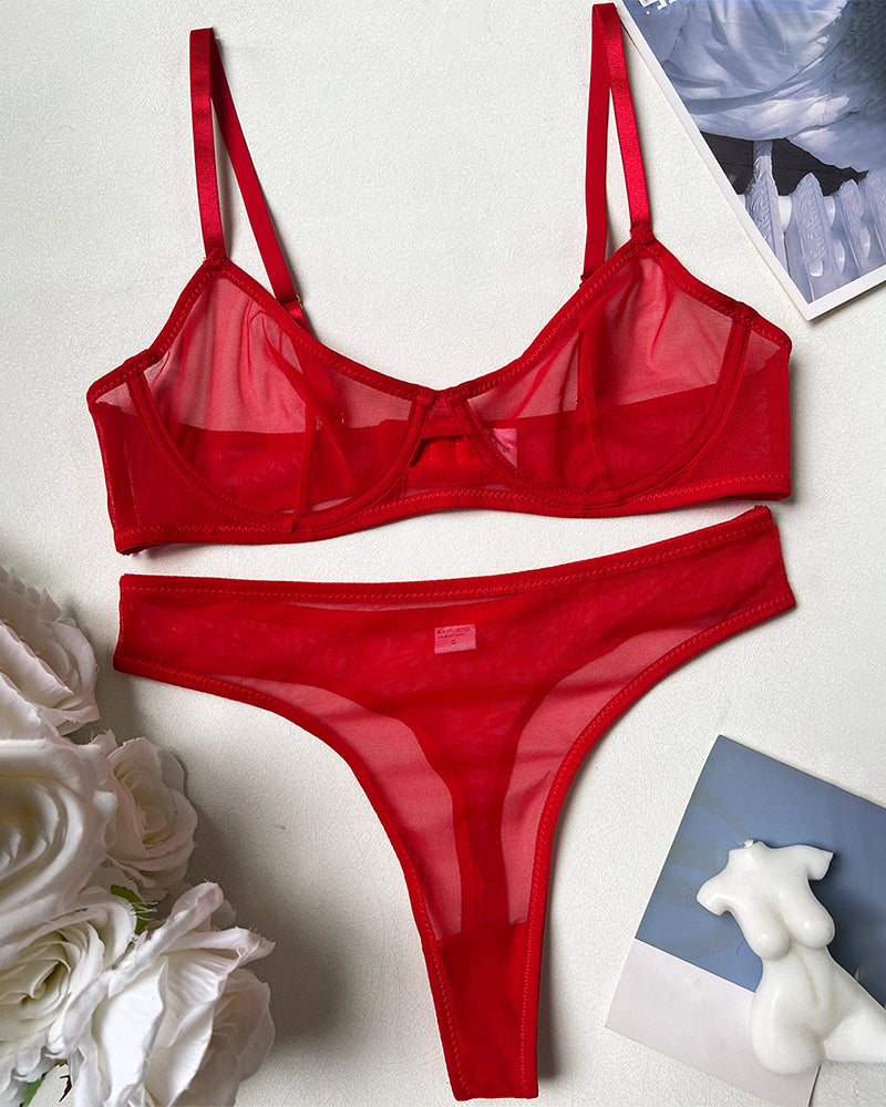 Red mesh balconette push-up bra and thong lingerie set